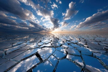Shattered Mirror Landscape Under a Cloudy Sky
