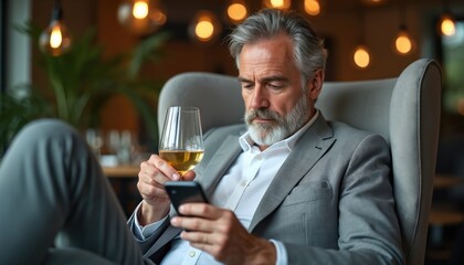 Elderly man in suit sits in armchair holding white wine glass and smartphone. He looks at his mobile device, checking messages or browsing online. Relaxed indoor setting with warm lighting.
