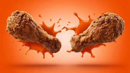 Fototapeta premium Crispy fried chicken drumsticks with fiery hot sauce splashes against a vibrant orange background