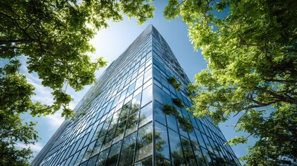 low angle view of modern glass skyscraper with green trees contemporary sustainable eco architecture reflecting blue sky and clouds