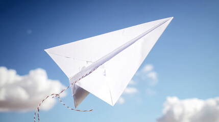White paper airplane flying through blue sky, symbolizing freedom, travel, dreams, aspirations, and innovation