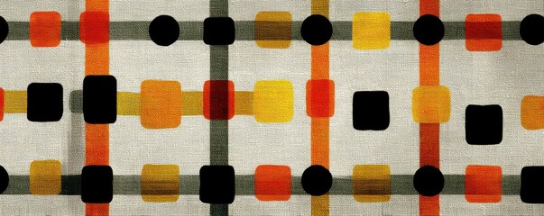 Abstract geometric plaid pattern with squares and circles in warm colors for modern art and design
