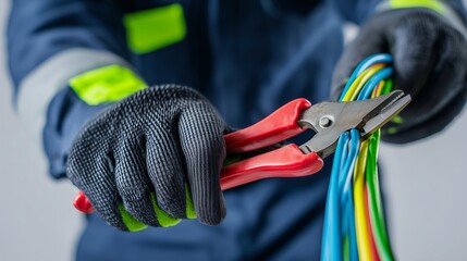 Electrician using pliers to cut colorful wires in a professional work environment with safety gear