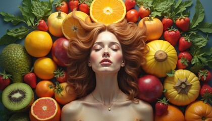 Serene woman immersed in vibrant fruit abundance. Luxurious composition redhead beauty surrounded by oranges grapefruit kiwi, berries. Holistic wellness natural nourishment, balanced lifestyle. Ideal