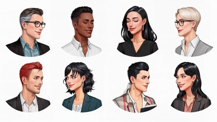 Collection of stylish avatar portraits shows diverse professionals with different hairstyles glasses and outfits ideal for profile pictures corporate identity and social media branding - Powered by Adobe