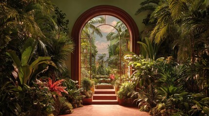 Fototapeta premium an arched doorway leads into a lush indoor tropical garden space