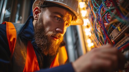 Skilled male electrician working on complex wiring in a dimly lit industrial environment
