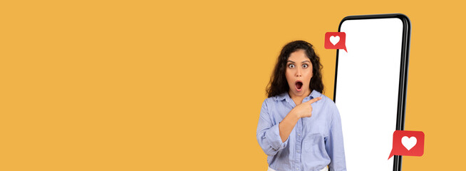 A collection of images shows a person looking surprised while pointing at a mobile device displaying social media notifications. The vibrant background adds to the lively atmosphere.