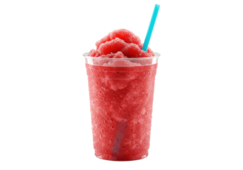 hyper-realistic macro of a tall cup with vibrant ruby red crushed ice slushie, deep condensation droplets, and a cyan straw on a transparent background concept for beverage advertising