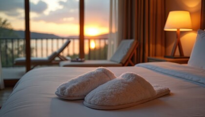 White fluffy slippers lie on bed in hotel room near window. Room interior with sunset ocean view provides vacation relaxation. Comfortable hotel bed pillow and elegant design.