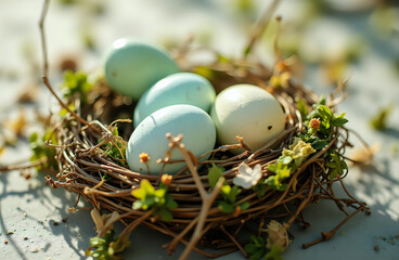 Four pale blue and greenish eggs are nestled within a rustic twig nest adorned with small green foliage, captured in bright outdoor light.
