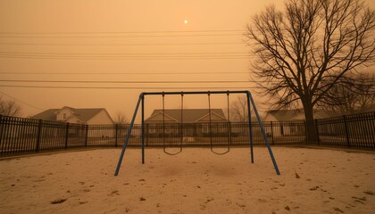 Fototapeta premium An empty playground with swings and a bare tree under an orange, dust-filled sky, creating an eerie and desolate atmosphere.