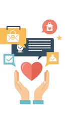 Conceptual illustration of hands holding a heart, surrounded by digital communication and business icons, symbolizing customer care, online support, and building lasting relationships