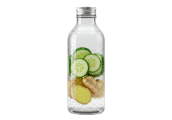 high-detail cylindrical glass bottle of cucumber and ginger infused water, heavy condensation, silver cap, isolated on white with clinical studio lighting. concept for detox and freshness