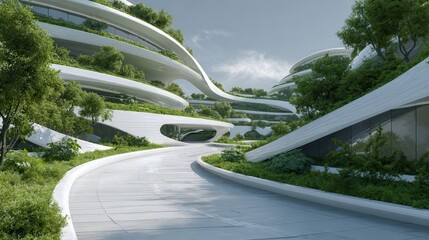 futuristic architectural design blending flowing curves with lush greenery in a modern ecofriendly landscape