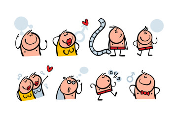 Funny set of cartoon characters. Vector images of women and men, nudity, sexual relations and an attractive body.