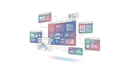 Concept of business intelligence and data analytics visualization across multiple digital interfaces, showcasing financial reporting and information technology dashboards for modern management
