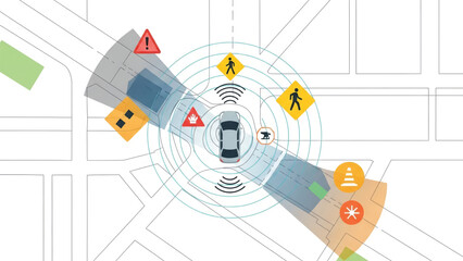 Autonomous car's advanced sensor system mapping urban environment, detecting hazards, pedestrians, and traffic for intelligent navigation and enhanced safety features