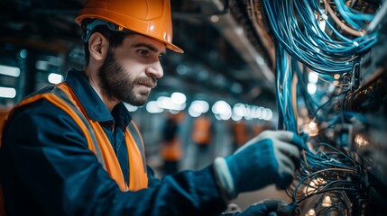 Male technician wearing safety gear is working on electrical wiring in a busy industrial setting