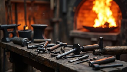 Blacksmith tools lay on a wooden workbench. Forge fire glows in background, warming metalworking shop. Old anvil and hammers rest near glowing furnace. Craftsmanship details visible on rustic surface.