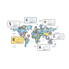 Global Currency Exchange and Market Analysis Illustrated on a World Map with Financial Data Indicators and Trading Trends
