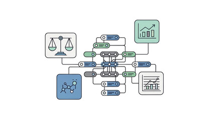 Interconnected data system diagram visualizing information flow across science, law, and business analytics for strategic analysis and informed decision-making