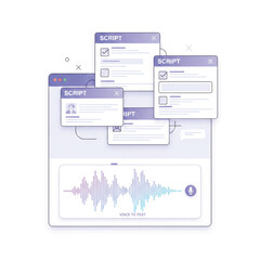 Conceptual interface design showcasing voice recognition for text generation and script development in a digital workflow environment