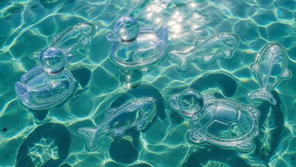 Clear glass duck toys floating in sparkling blue water.