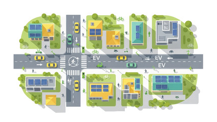 Top-down view of a modern eco-city with solar-powered houses, electric vehicles, and green streets, highlighting sustainable urban development and smart living concepts
