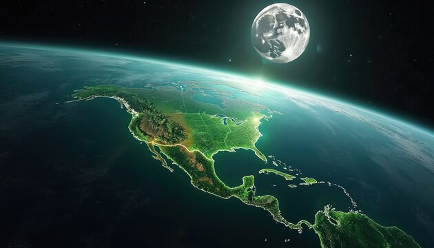 View from space of Earth showing North America with moon above. Coastline shows city lights. Globe shows mountains and bodies of water. The planet is illuminated by sunrise in dark space. - Powered by Adobe