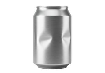 A photorealistic blank 250ml aluminum beverage can with detailed raw brushed texture and a subtle dent, isolated on a transparent studio background. Concept for packaging visualization