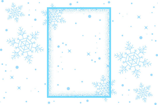 Glowing neon blue rectangle frame surrounded by falling snowflakes and stars on a dark night sky background