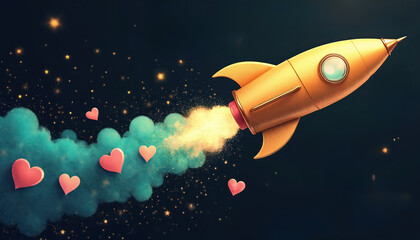 Golden rocket ship launches into space leaving trail of hearts and stars. Spaceship flies in dark starry sky leaving love behind. Concept for love travel and dreams.