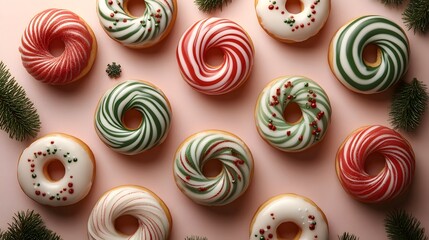  colorful festive Christmas donuts. holiday baking creative food concept on a soft pink background.