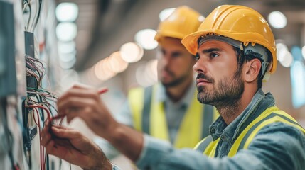 Skilled male electrician working on wiring installation in a modern industrial setting