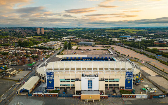 Leeds, UK. 20th August 2025. Sunset over Elland Road football stadium home to Premier League football club Leeds United.