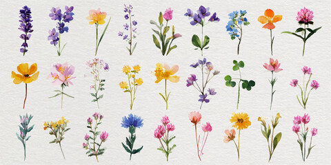 Collection of delicate watercolor illustrations of various wildflowers and garden flowers on a white background