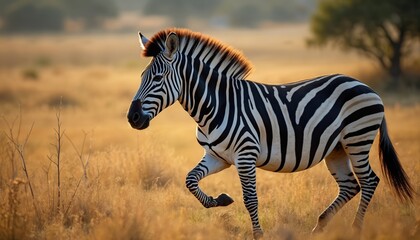 Obraz premium Zebra runs across dry grass field in sunlight. The animal with black and white stripes moves in natural habitat. Wild equine in savanna at sunset