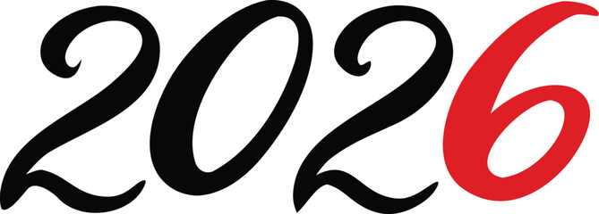 Bold 2026 typography with a striking red numeral highlights the new year theme. Clean curves create a modern celebratory look. Ideal for greeting cards, banners, and festive designs.