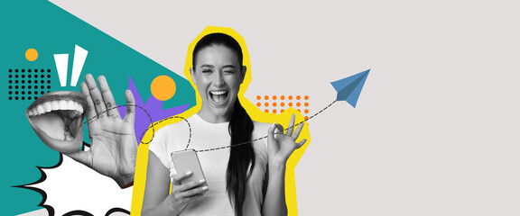 A lively digital collage showcases a woman joyfully using her smartphone. Bright colors and playful graphics enhance the scene, emphasizing communication and excitement in a modern setting.