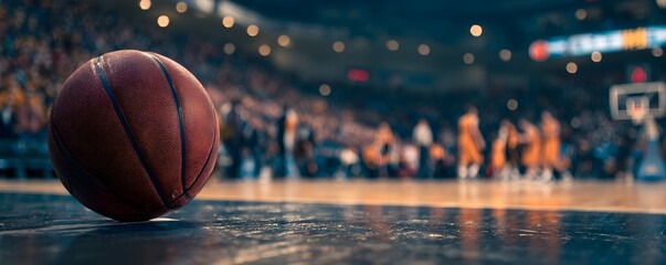 A basketball on the court in the foreground, with a blurred background of fans and players. Web banner with copy space on the left side. High resolution, realistic photo, hyper-detailed