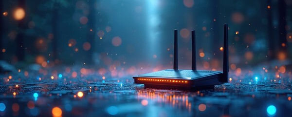 Modern 5G router stands on surface with light dots. Wireless network device secures internet access at home. Fast communication tech connects people. High bandwidth provides stable signal, secure