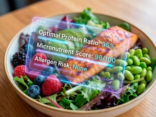 Close-up of Food Bowl with Holographic Nutritional Genomics Data Overlay