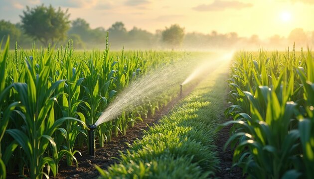 Irrigation system sprays water on young corn field at sunrise. Sprinkler waters green maize crop rows for growth. Smart farming uses agritech for cultivation on rural plantation. Automated watering