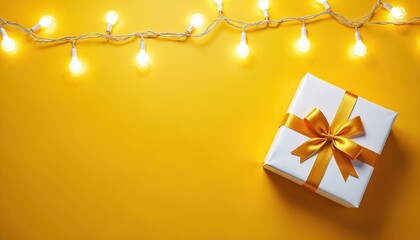 White gift box with gold ribbon bow sits on bright yellow surface with string lights overhead. Perfect for holiday sales, party invitations, or birthday announcements.