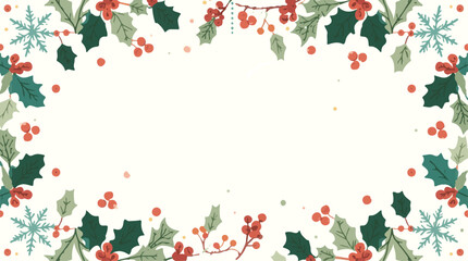 Vector illustration of a Christmas holiday background with a flat design style, featuring vibrant colors and simple shapes, including snowflakes, holly leaves,