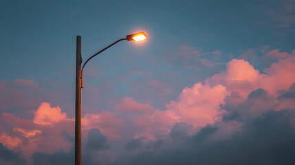 Bright street light illuminates a serene evening sky at dusk