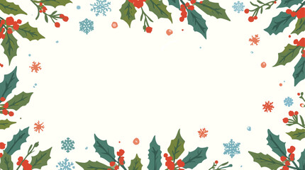 Vector illustration of a Christmas holiday background with a flat design style, featuring vibrant colors and simple shapes, including snowflakes, holly leaves