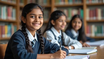 Tamil schoolgirls study in library. Students wear uniform. Girls sit at desk writing. Bookshelves background. Education access, diversity, learning, childhood photo. Focus on front girl. School