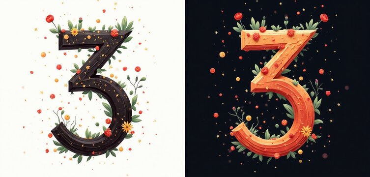 Illustration of the number 3 decorated with flowers leaves and stars. It is an anniversary greeting design perfect for birthday party cards invitations. This image is festive and celebratory.